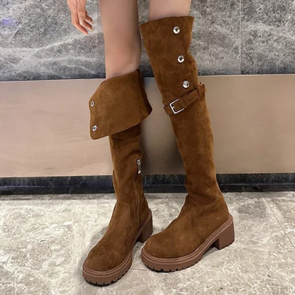 Botas Altas Mujer de Terciopelo con Botones Decorativos