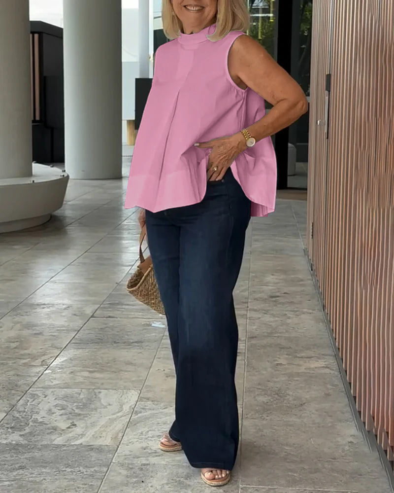 Mujer sin Mangas Cuello Alto Pliegue
