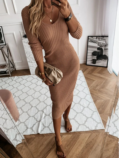 Vestido midi mujer de plumeti cuello en v manga larga