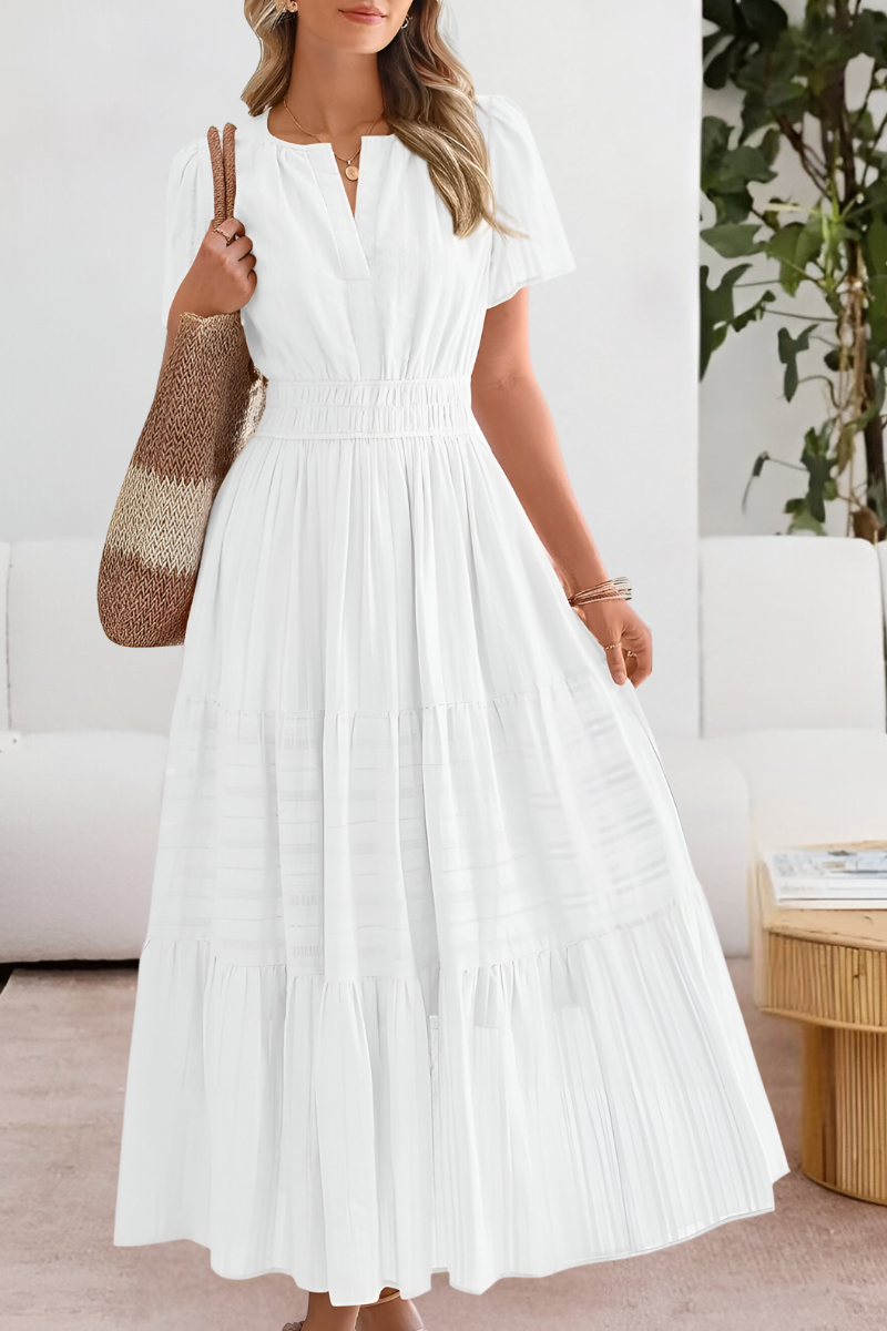Vestido maxi mujer con cintura fruncida y mangas cortas