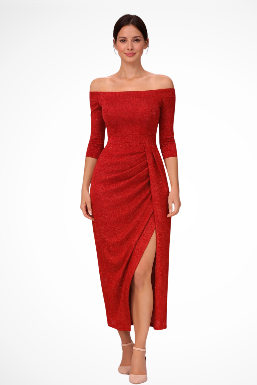 Vestido midi mujer hombros descubiertos fruncido abertura