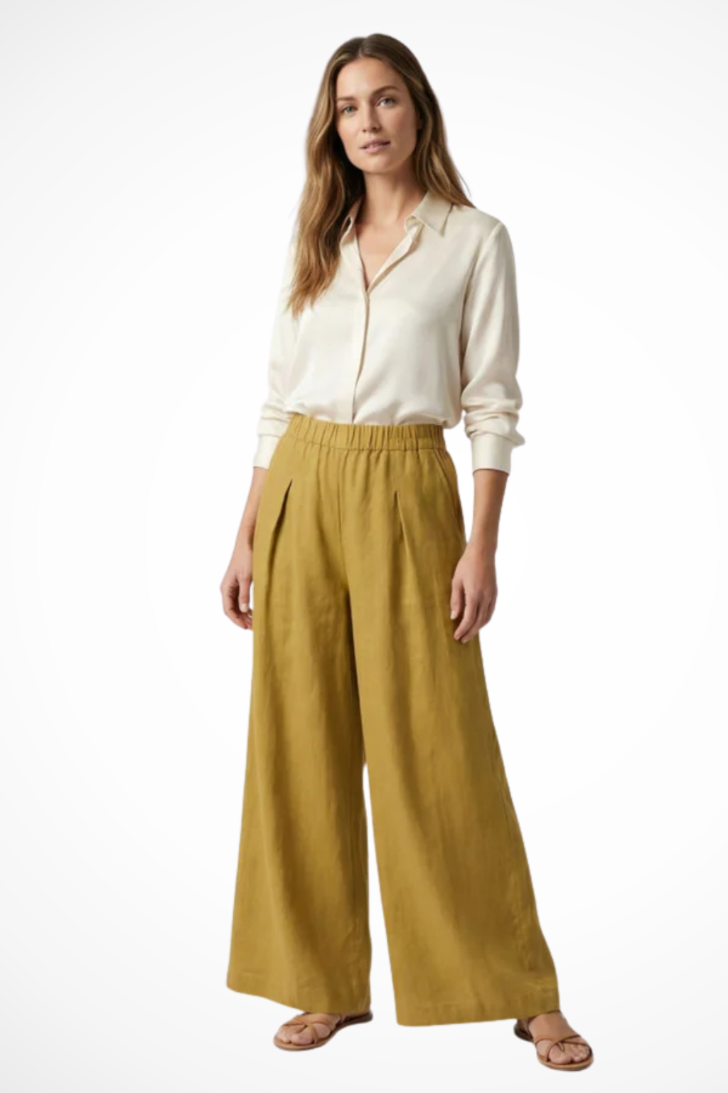 Pantalones Mujer Pata Ancha Pliegues Frontales Cintura Alta