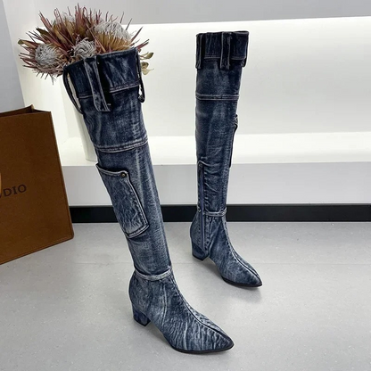 Botas Mujer Caña Alta Puntera Afilada Diseño Patchwork