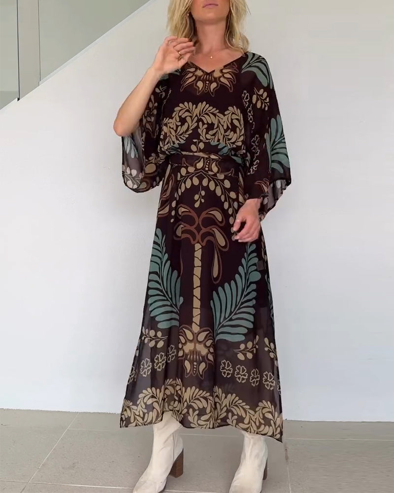 Vestido maxi mujer fluido estampado hojas estilo bohemio