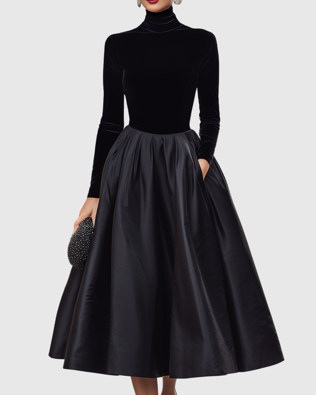 Vestido midi mujer de terciopelo y satén cuello alto falda amplia