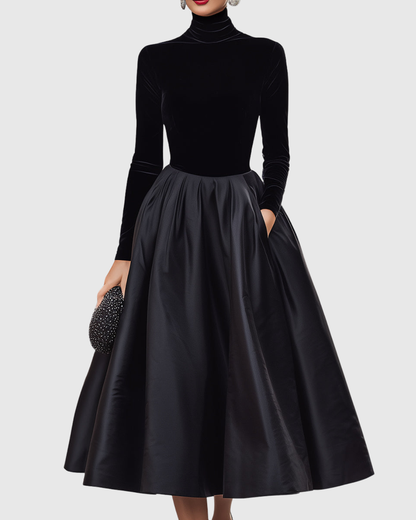 Vestido midi mujer de terciopelo y satén cuello alto falda amplia