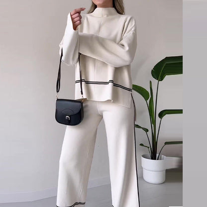 Ivet - Conjunto Holgado de Dos Piezas Sueter y Pantalon Traje Con Diseño Cómodo con Top Informal de Color Liso Primavera Verano Para Mujer