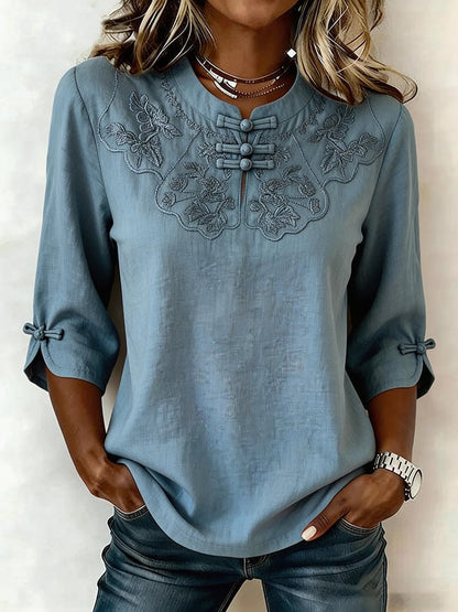 Blusa mujer de algodón y lino bordado estilo cómodo