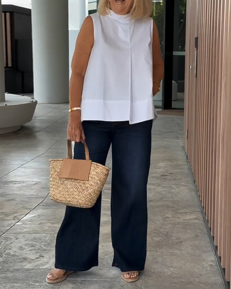 Mujer sin Mangas Cuello Alto Pliegue