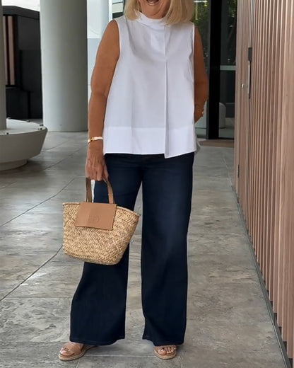 Mujer sin Mangas Cuello Alto Pliegue