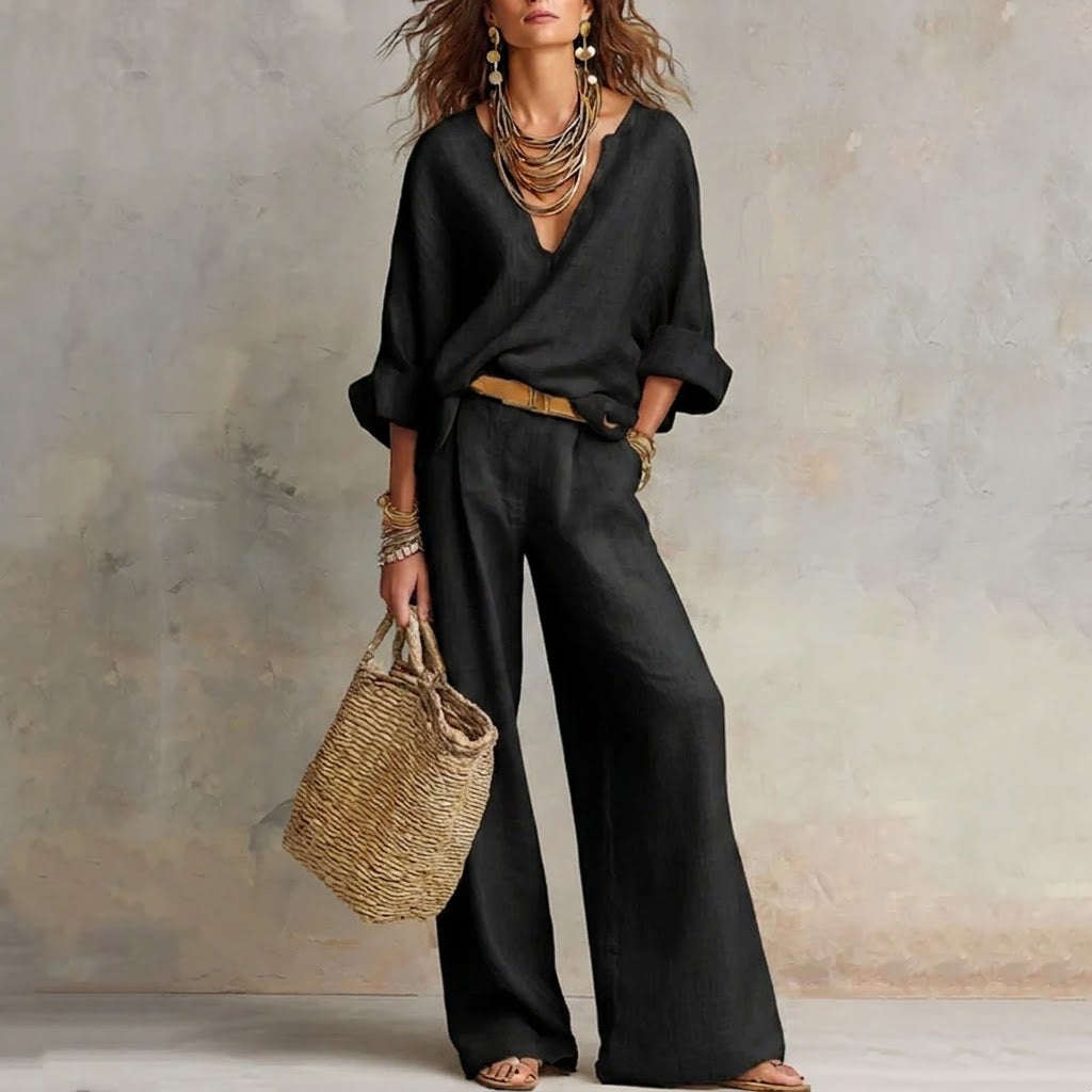 Conjunto Mujer Escote en V y Pantalón Amplio