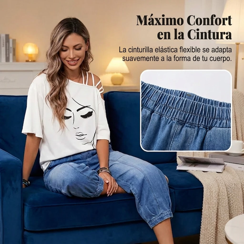 Pantalones Vaqueros Mujer Cintura Elástica Corte Cropped Holgado