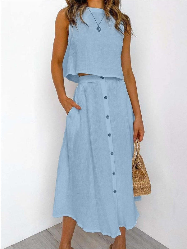 Conjunto Mujer Blusa y Falda Botones Casual Primavera Verano