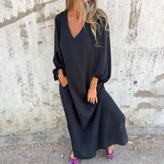 Vestido largo Mujer fluido escote en V mangas abullonadas