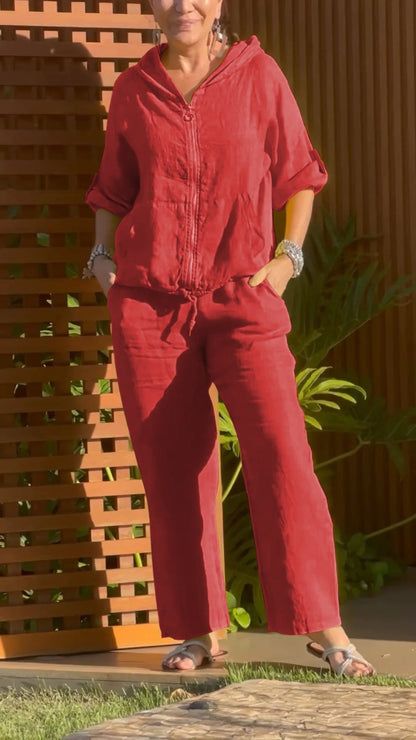 Conjunto Mujer Casual Algodón y Lino Capucha Cremallera