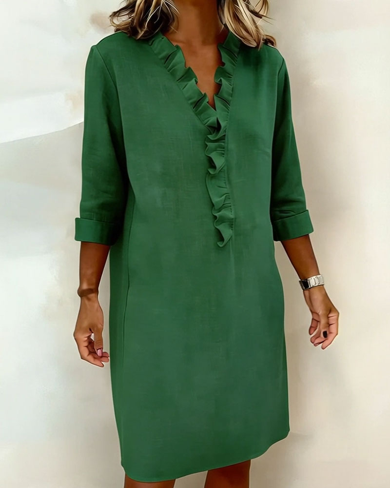 Vestido mujer lino algodón escote en V volantes casual