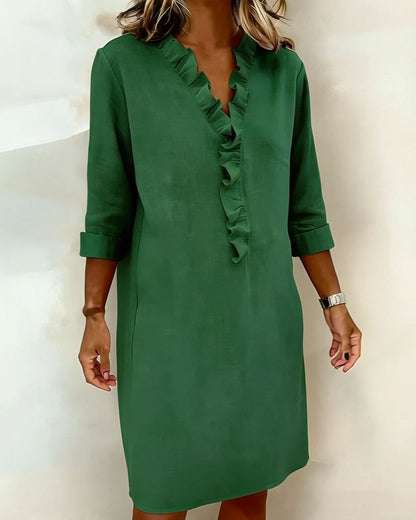 Vestido mujer lino algodón escote en V volantes casual