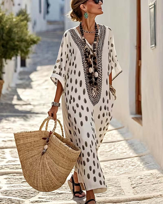 Vestido Maxi Mujer de Algodón Cuello en V Bordado Étnico - Mavetta