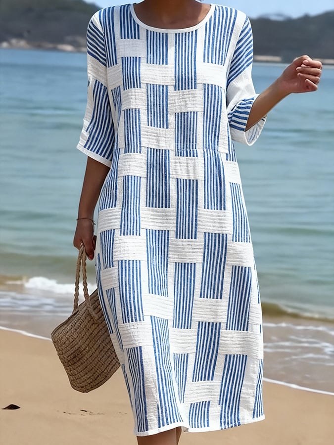 Vestido mujer algodón y lino estampado manga media casual - Mavetta