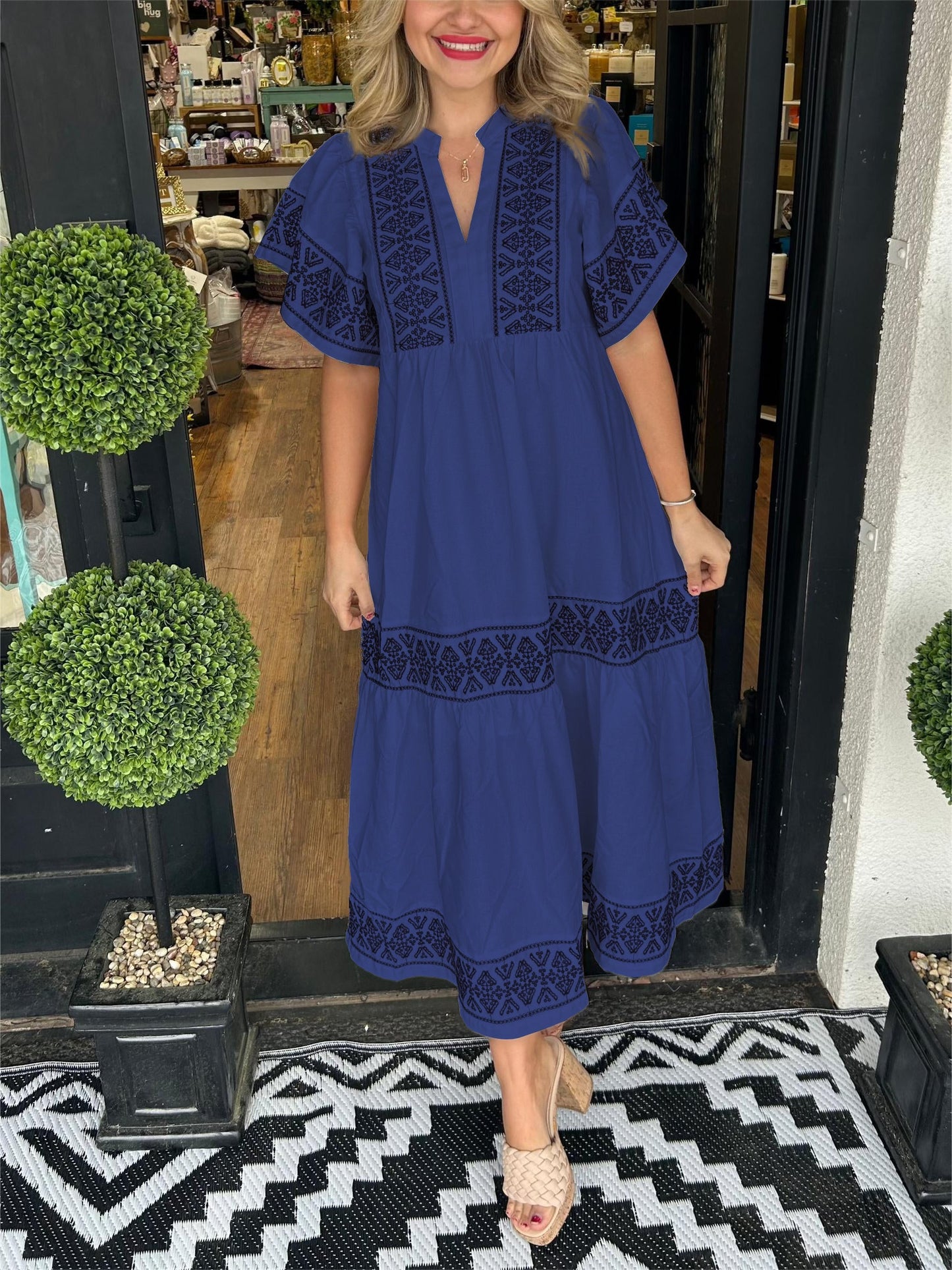 Vestido midi mujer Escote en V Estilo bohemio Veraniego