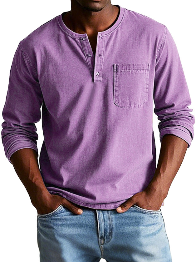 Camiseta henley hombre Algodón manga larga con bolsillo pecho