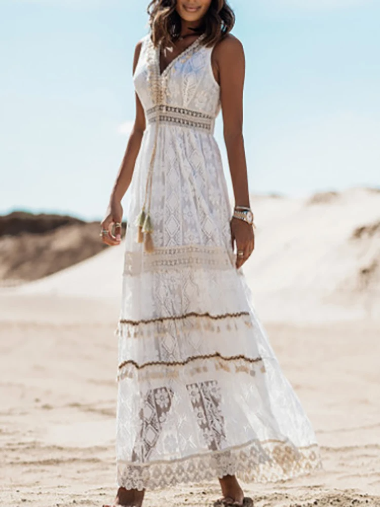 Vestido largo mujer sin mangas estilo bohemio verano
