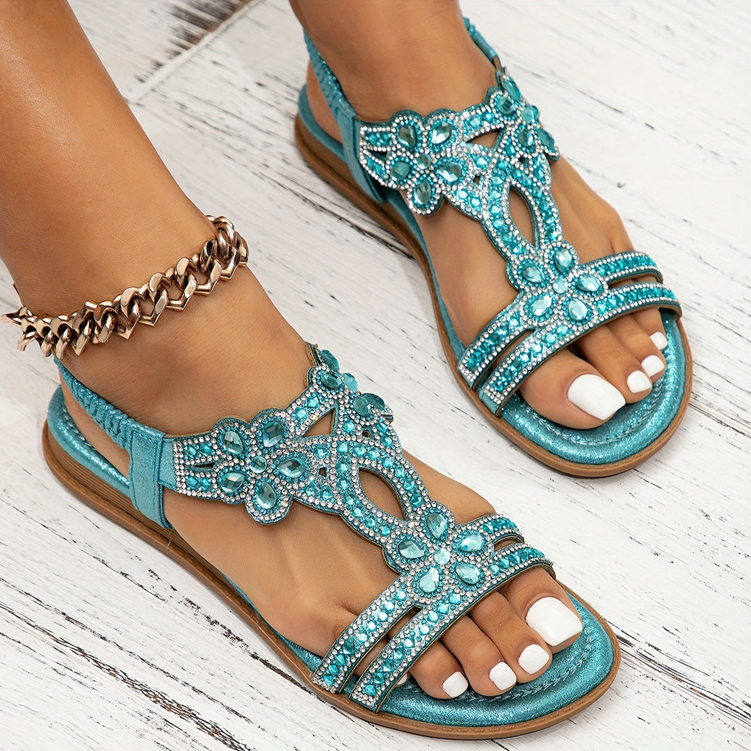 Sandalias Planas Mujer con Flores y Strass