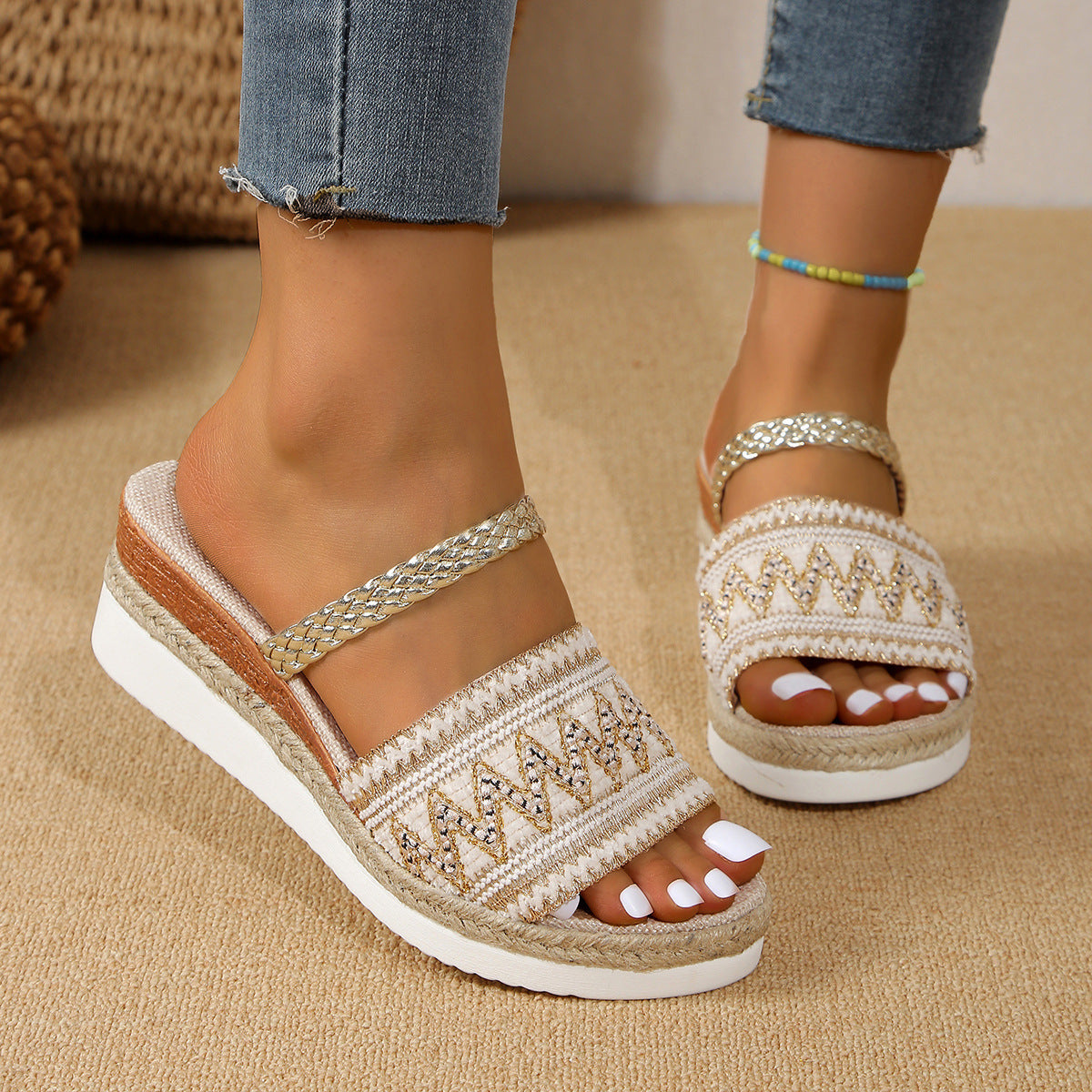 Sandalias Cuña Mujer Diseño Ondas Estilo Étnico Verano