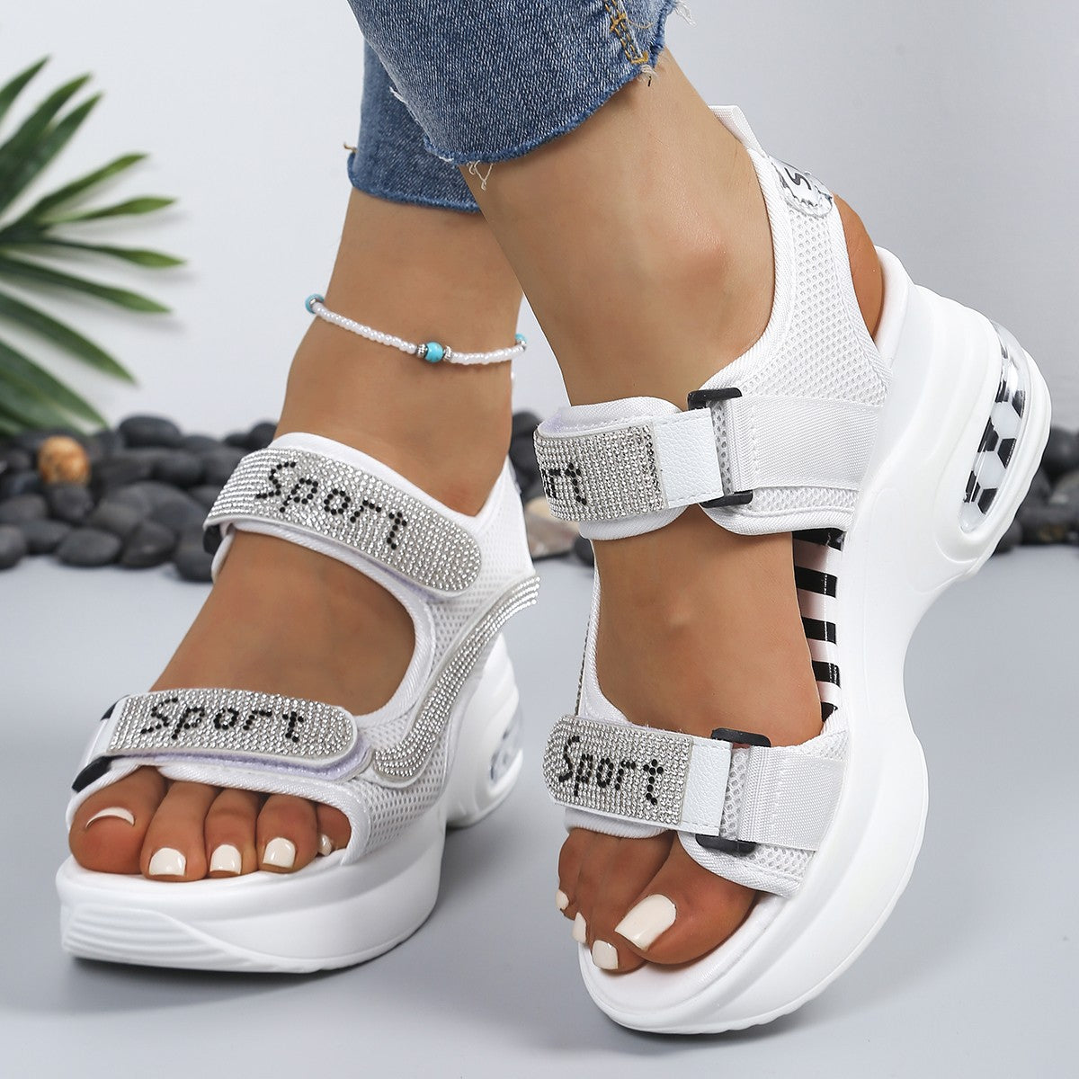 Sandalias mujer plataforma strass velcro suela aire deportivas casual