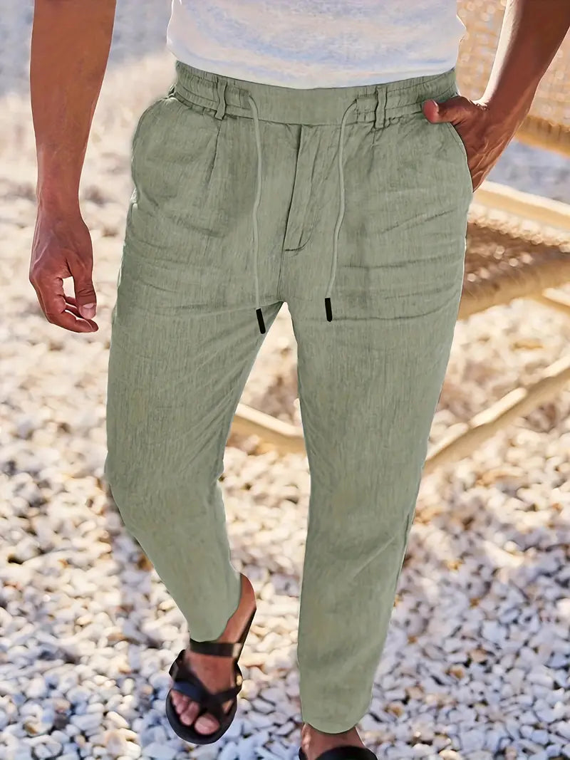 Pantalones Lino Hombre Anchos Cordón Ajustable