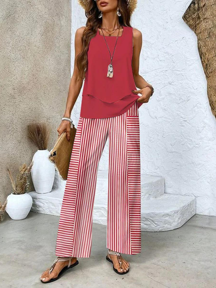 Conjunto Mujer de Dos Piezas Blusa Fluida y Pantalón Amplio