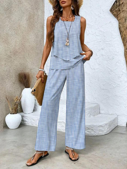 Conjunto Mujer de Dos Piezas Blusa Fluida y Pantalón Amplio