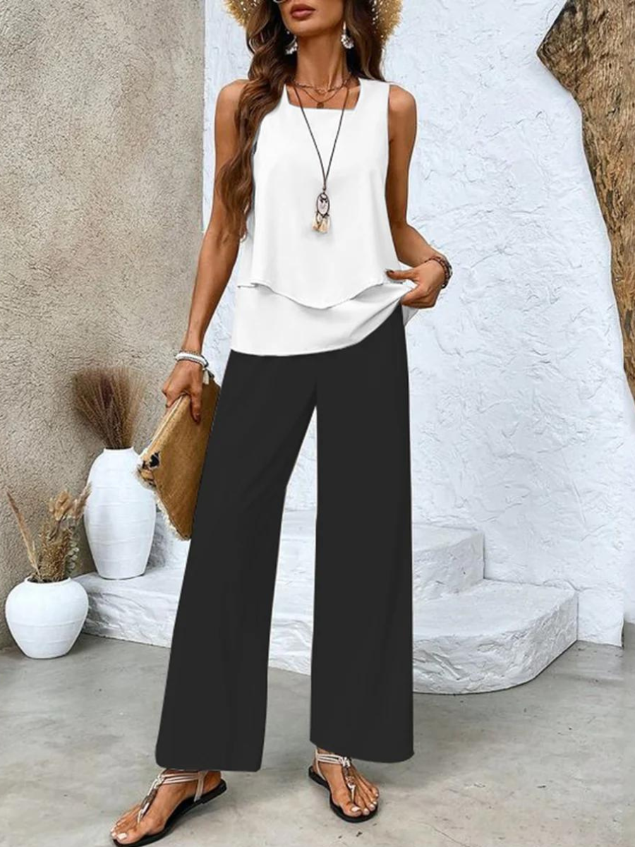 Conjunto Mujer de Dos Piezas Blusa Fluida y Pantalón Amplio