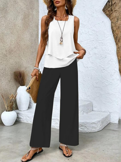 Conjunto Mujer de Dos Piezas Blusa Fluida y Pantalón Amplio