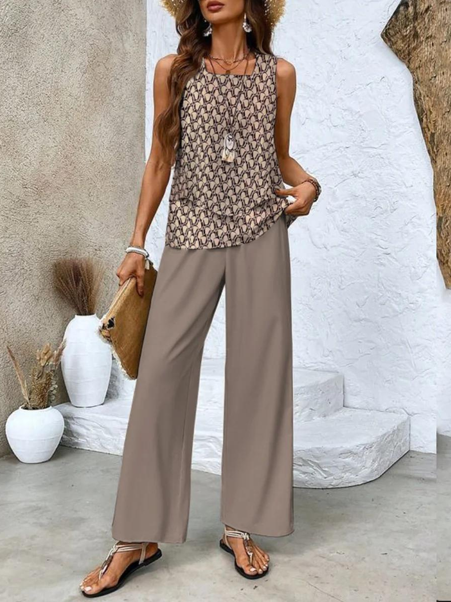 Conjunto Mujer de Dos Piezas Blusa Fluida y Pantalón Amplio