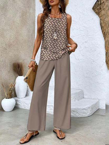 Conjunto Mujer de Dos Piezas Blusa Fluida y Pantalón Amplio
