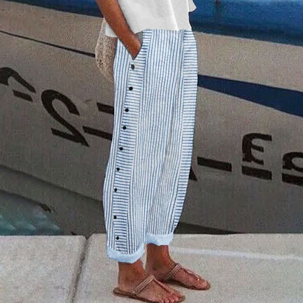 Pantalón Mujer de Algodón con Rayas Cintura Elástica