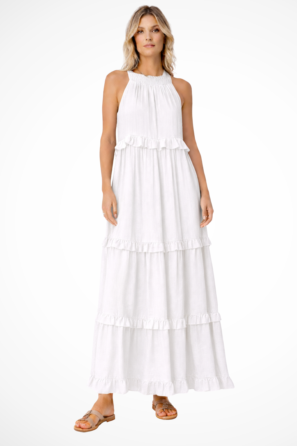 Vestido maxi mujer sin mangas volantes veraniego