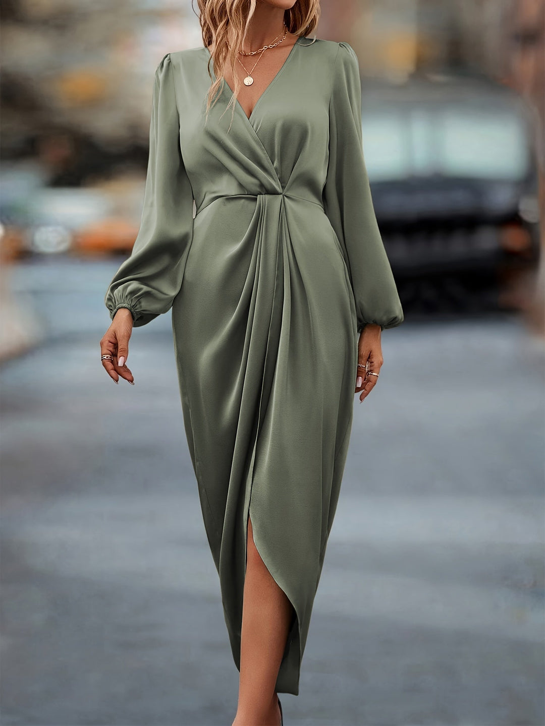 Vestido Midi Mujer Cruzado de Manga Larga