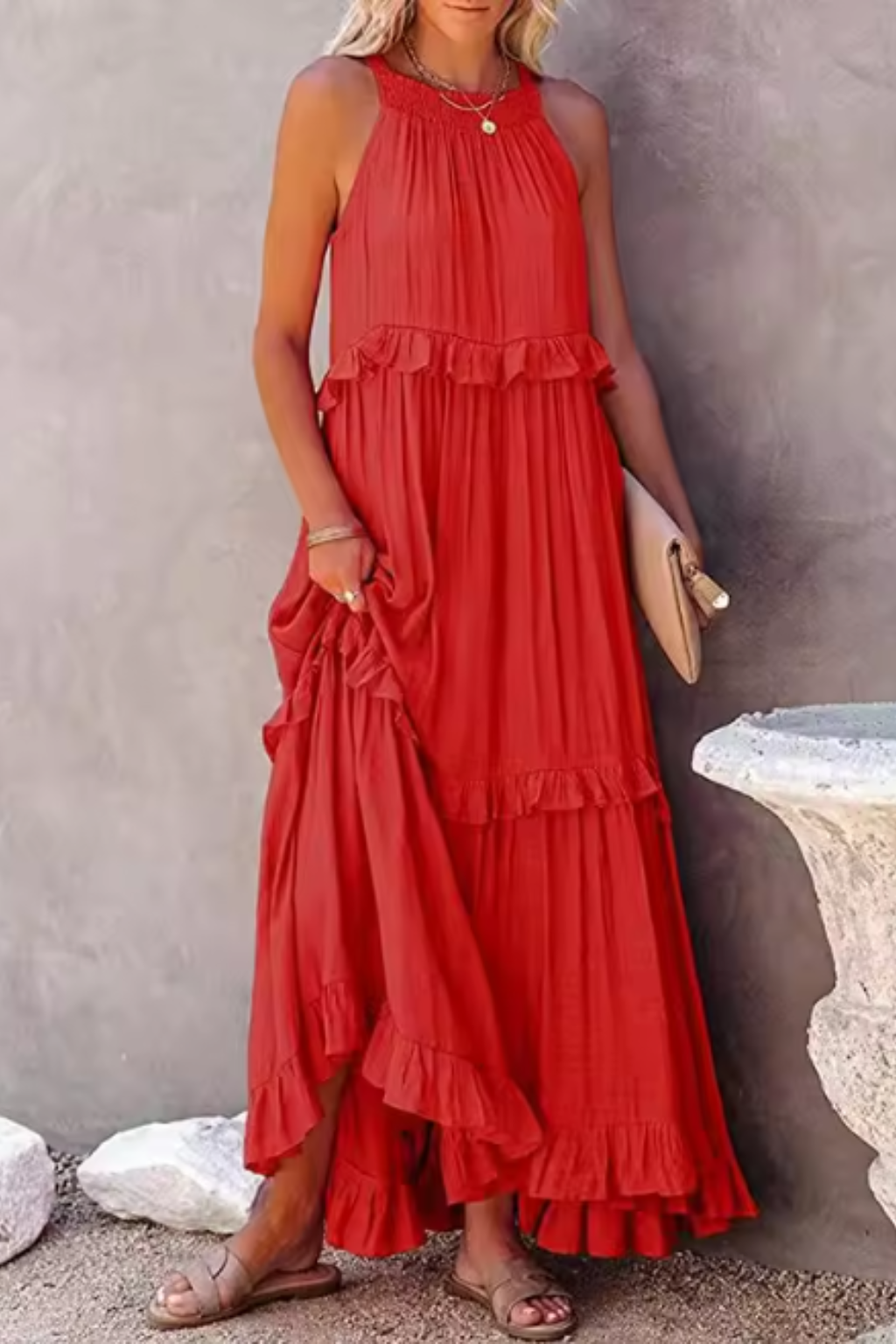 Vestido maxi mujer sin mangas volantes veraniego