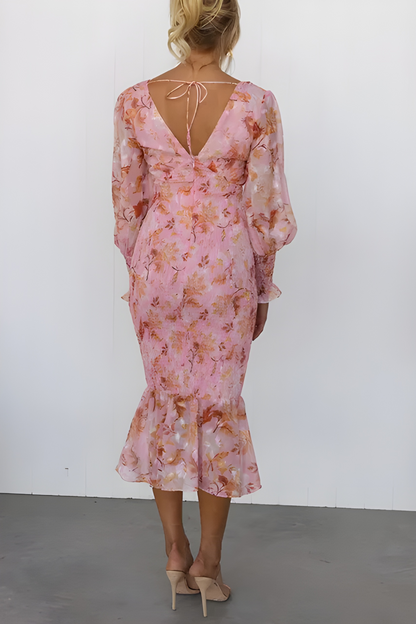 Vestido midi mujer Escote en V Mangas abullonadas