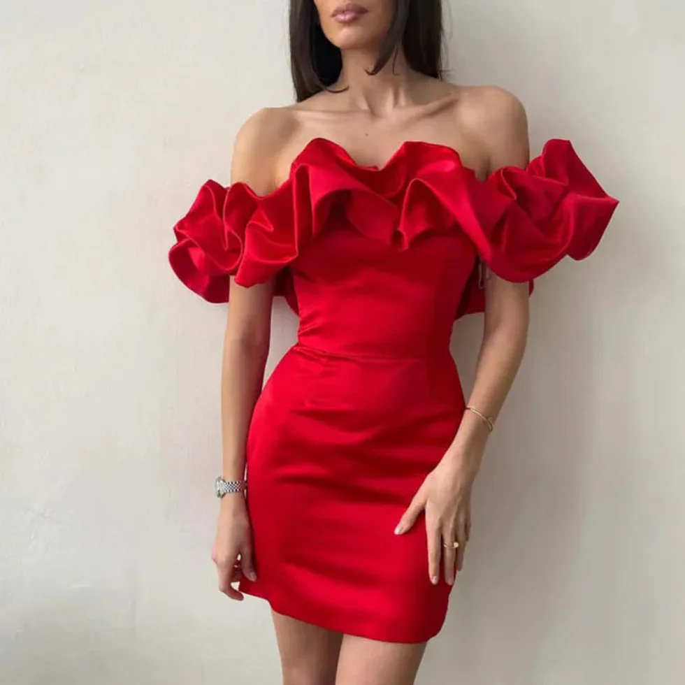 Vestido Mini Mujer Sin Tirantes con Volantes