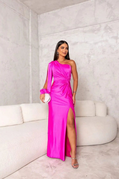Vestido maxi mujer de satén drapeado un hombro