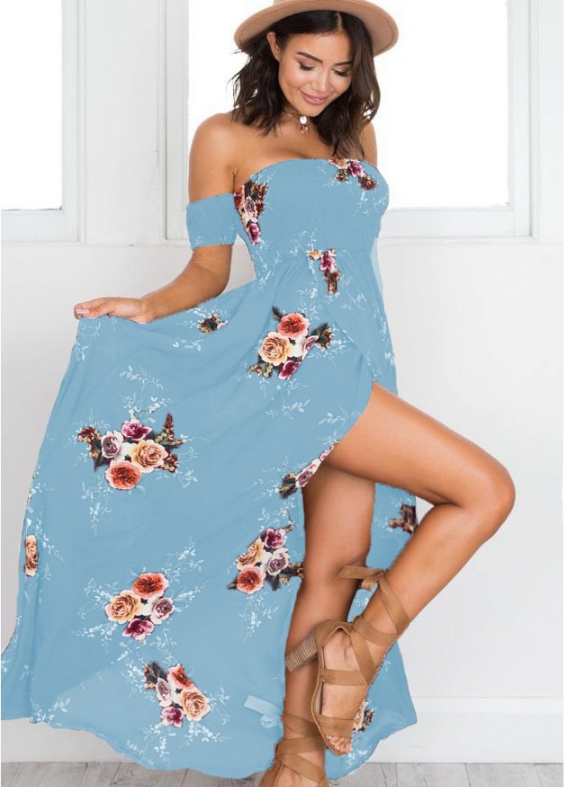 Vestido Largo Mujer Estampado Floral Hombros Descubiertos Bohemio