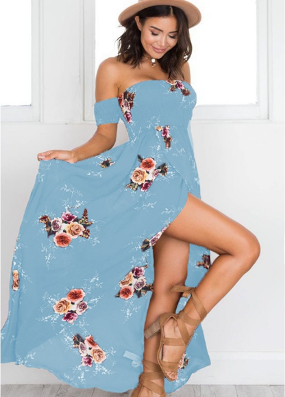 Vestido Largo Mujer Estampado Floral Hombros Descubiertos Bohemio
