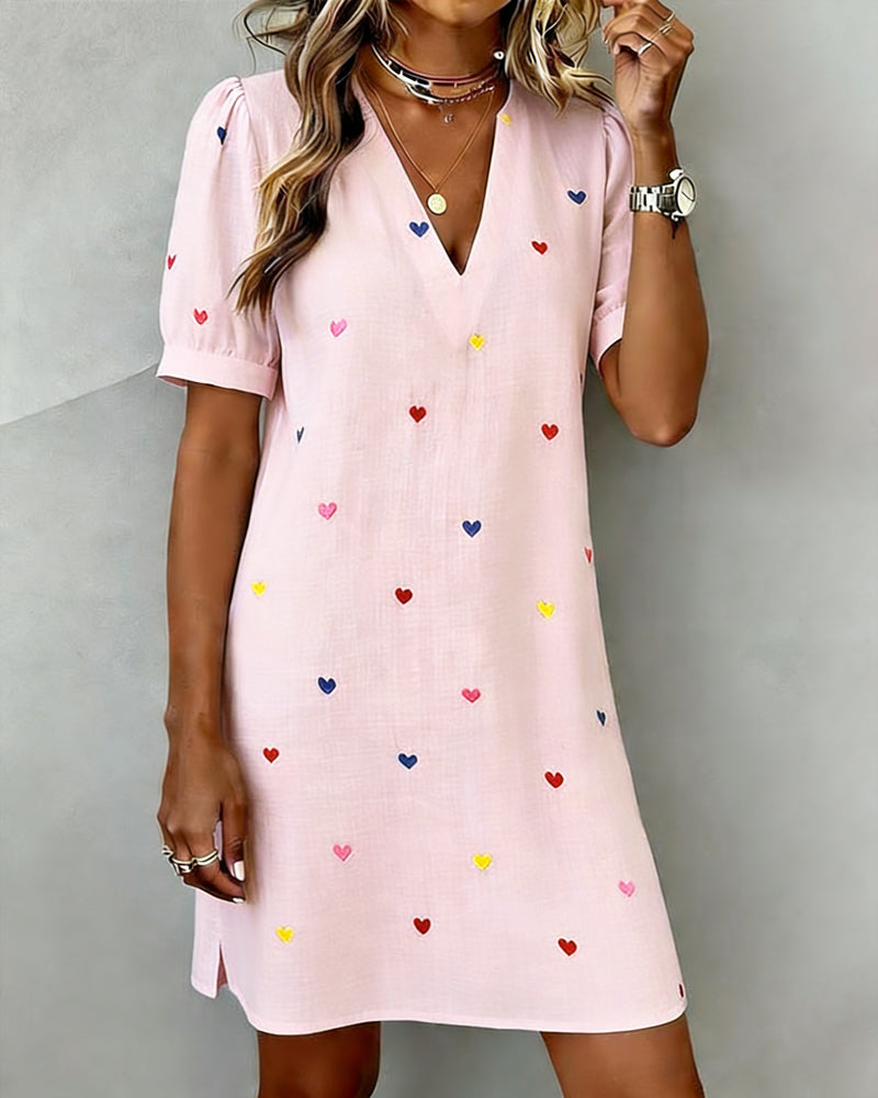 Vestido corto mujer algodón lino escote en V manga abullonada