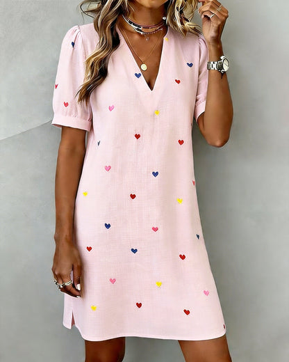 Vestido corto mujer algodón lino escote en V manga abullonada