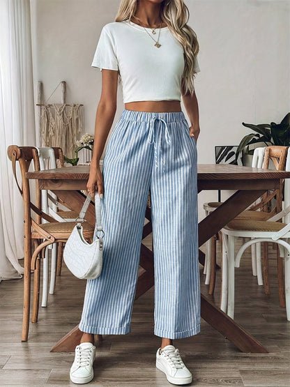Pantalón Fluido Mujer Rayas Cintura Ajustable