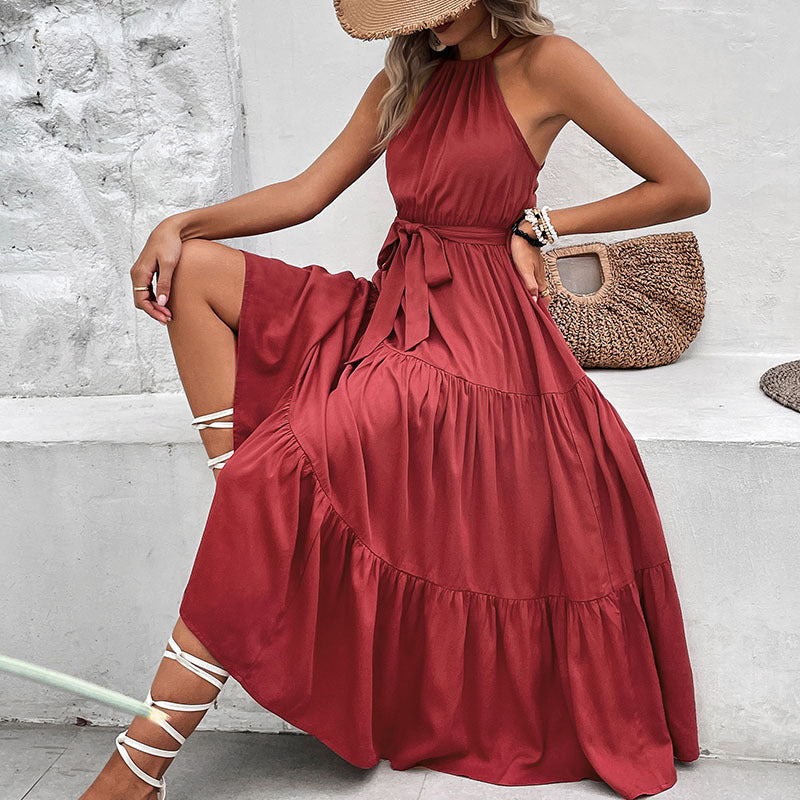Vestido Largo Mujer Casual Sin Mangas Lazo Ajuste Primavera Verano