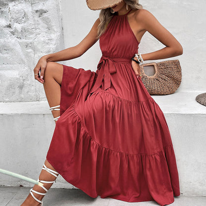 Vestido Largo Mujer Casual Sin Mangas Lazo Ajuste Primavera Verano